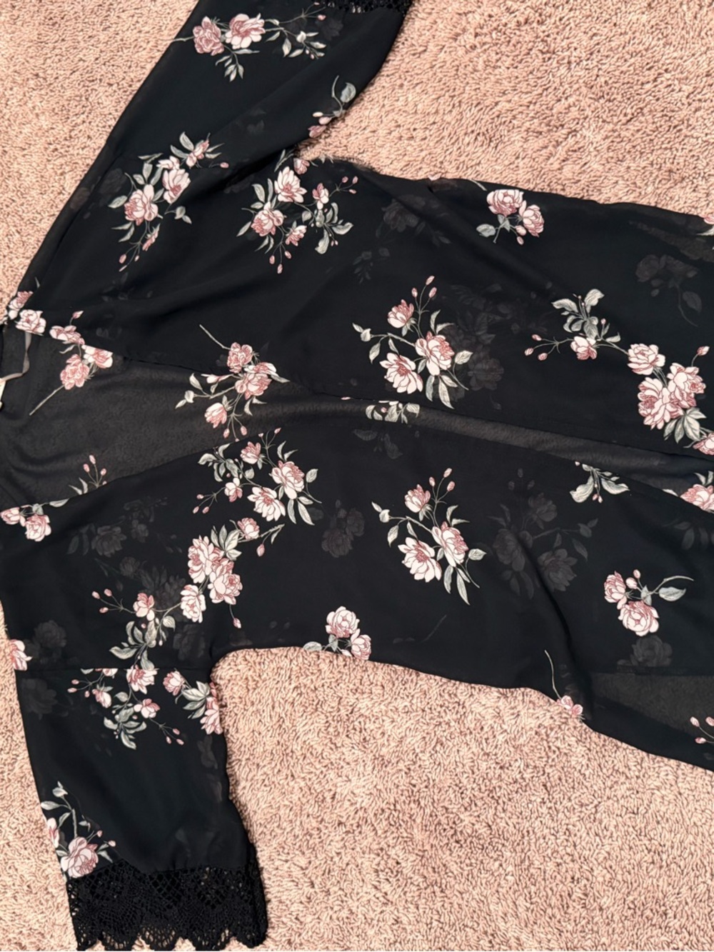 Wallflower Black Floral Sheer Kimono with Pink and Cream Flowers